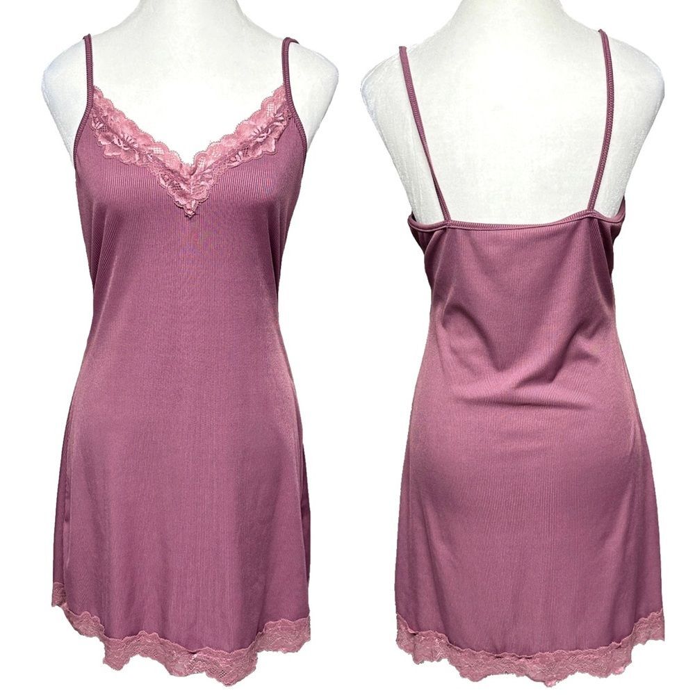 Elegant Lace Trim Lilac Purple Ribbed Soft Camisole Dress Large